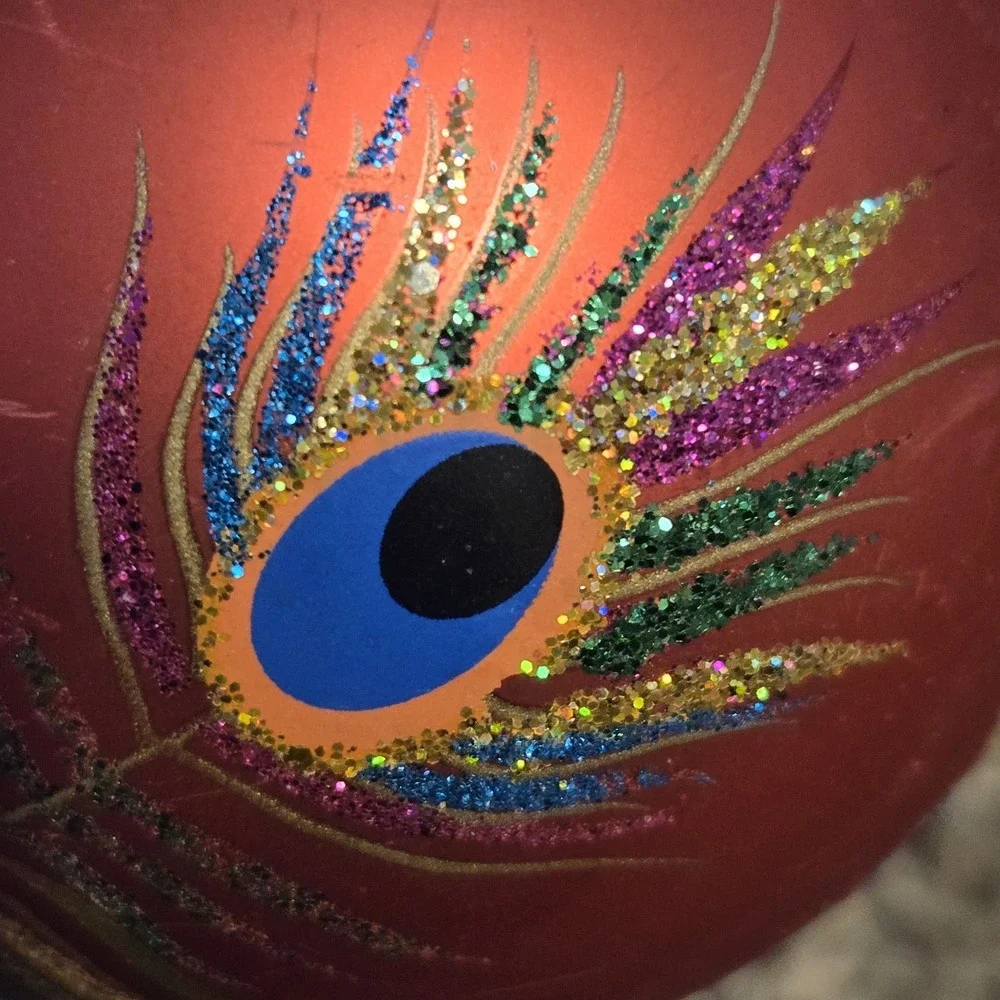 Peacock Feather Glass Ball Christmas Tree Ornament Red Glitter 3